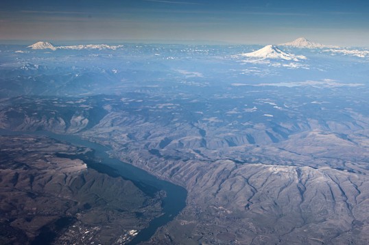 Looking north over the Dalles to Mts. St Helens, Rainier, and Adams.