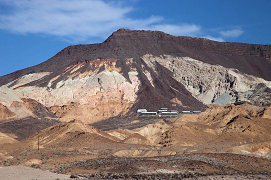 Angular unconformity at Ryan Mesa: 4 Ma basalt flows overlying faulted Artist Drive (left) and Furnace Creek (right) formations.