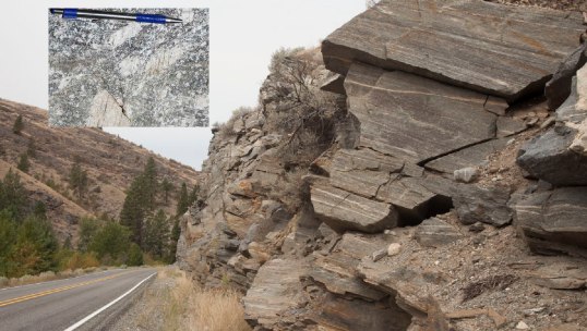 Mylonitic rocks along Okanogan Dome, Washington (150803-49inset)